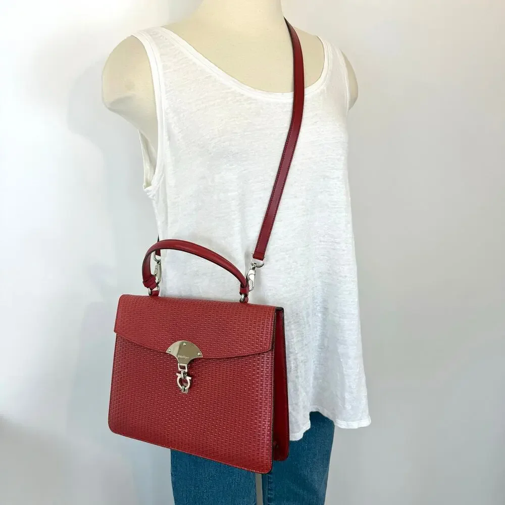 Ferragamo Gancini Woven Top Handle Satchel Bag Red Leather Made in Italy
